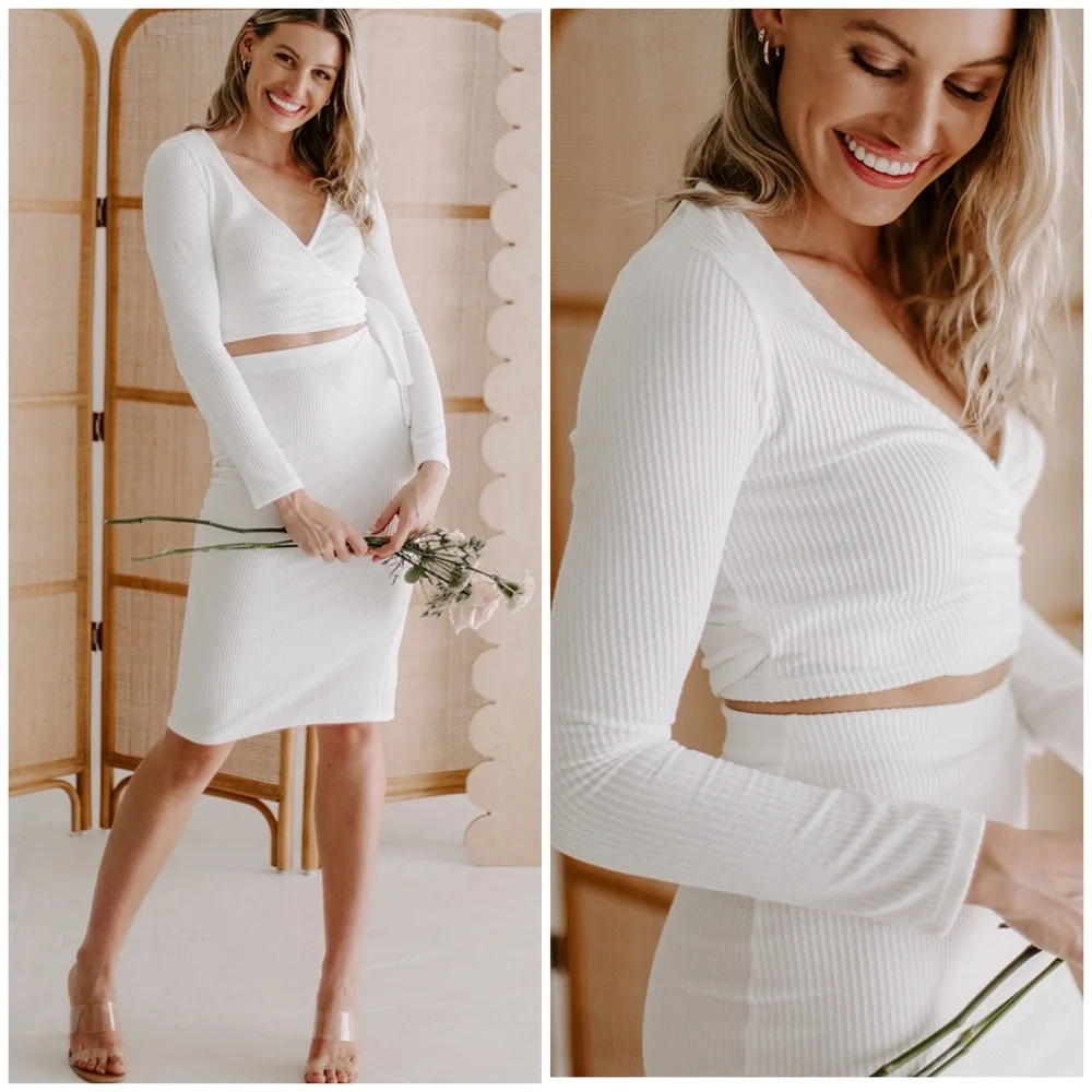 FEW LEFT❗️Sophisticated Sexy Chic Ribbed White 2-Piece Midi Skirt Set